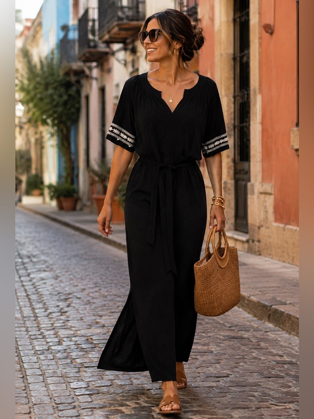 GAP Women's Black Embroidered Sleeve Detail Tie Waist Maxi Dress M